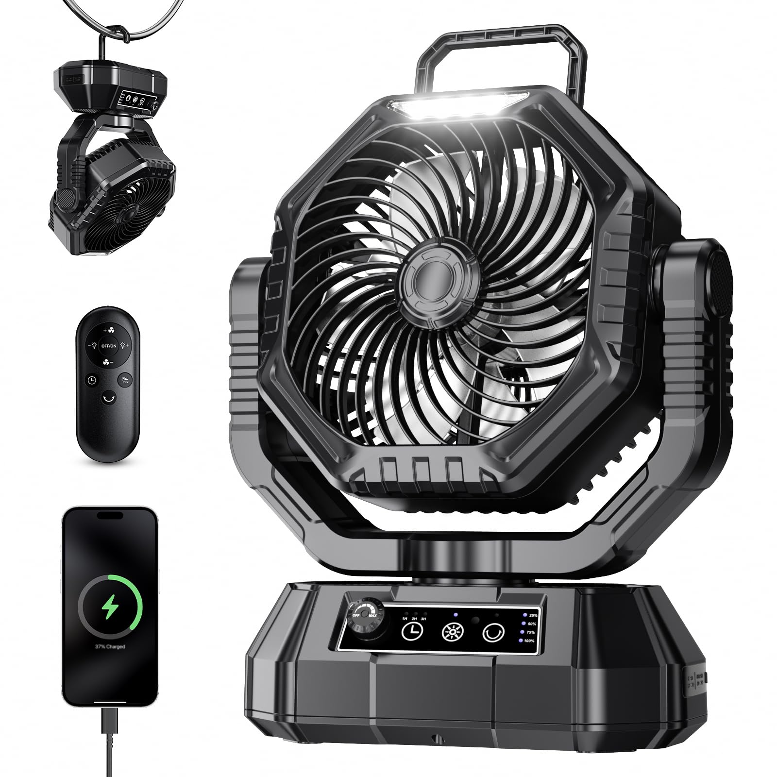 AJVV Camping Ventilator mit akku 20000mAh, Akku Ventilator mit Fernbedienung/LED Licht/270° Drehung, Tischventilator mit Haken/Stufenlose Geschwindigkeit, für Outdoor Reisen Angeln-Schwarz