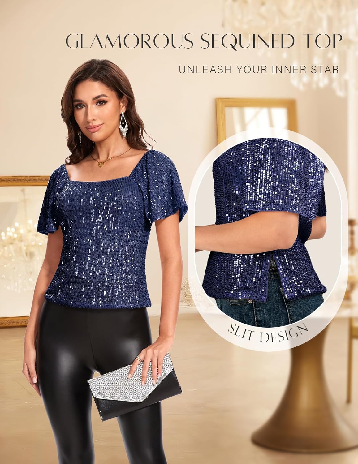 DRESSTELLS Women's Sparkly Sequin Tops Short Sleeve Glitter Dressy Blouses Square Neck Club Ruffle Party Shirts - Image 3