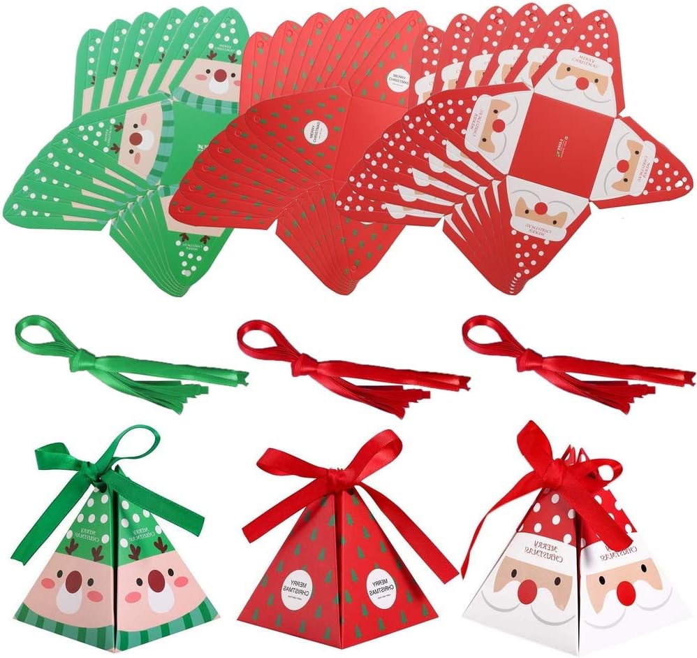 kuou 30 Pcs Christmas Candy Boxes, Xmas Party Paper Cupcake Sweets Chocolate Gift Boxes with Ribbon, Santa Claus Reindeer Christmas Tree