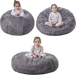 MAXYOYO 3 in 1 Kids Bean Bag Chair, Child Floor Sofa Couch | Child Floor Sofa for Gaming, Reading, Faux Fur Floor Couch with High-Density Foam Filling for Living Room Bedroom, Grey