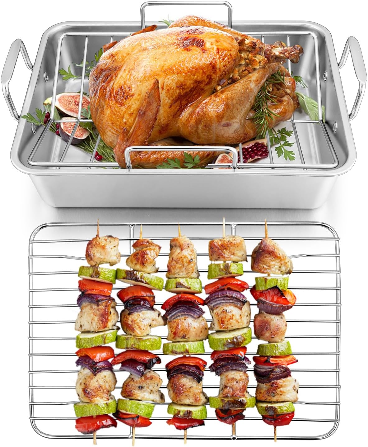 Walchoice Roasting Pan with Rack Set, 14 Inch Stainless Steel Large Turkey Roaster with V-shaped rack & Cooling Rack for Thanksgiving, Heavy Duty & Dishwasher Safe