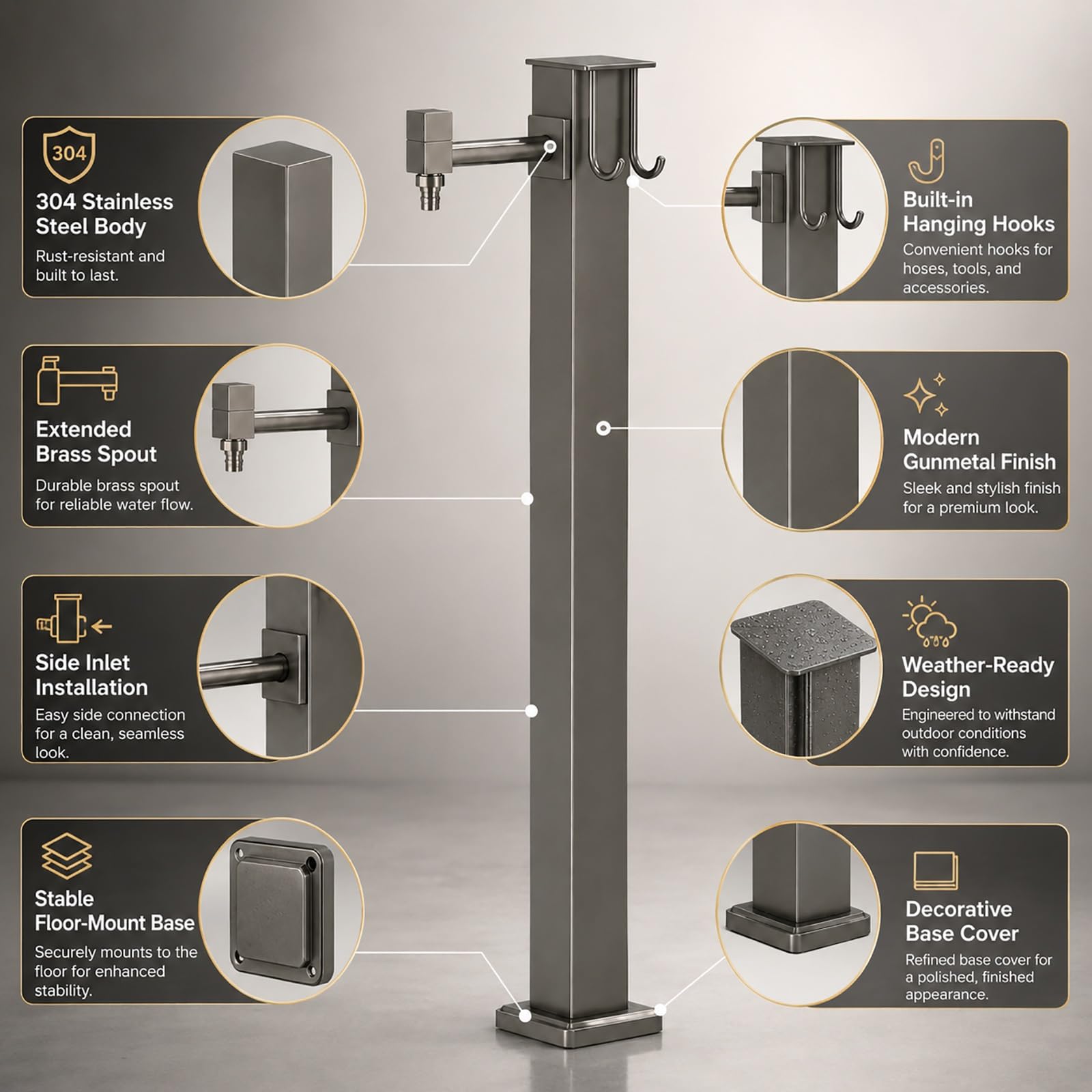 Freestanding Outdoor Water Column with Brass Spout, Garden Hydrant Stand