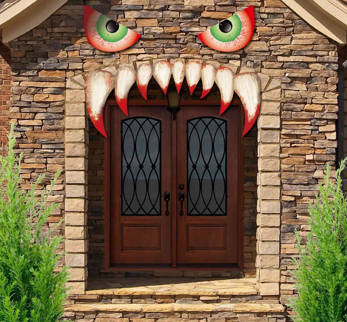 jollylifeHalloween Monster Face Decorations - Outdoor Garage Door Archway Car Party Decor with Eyes Teeth Cutouts (Assembly Needed)
