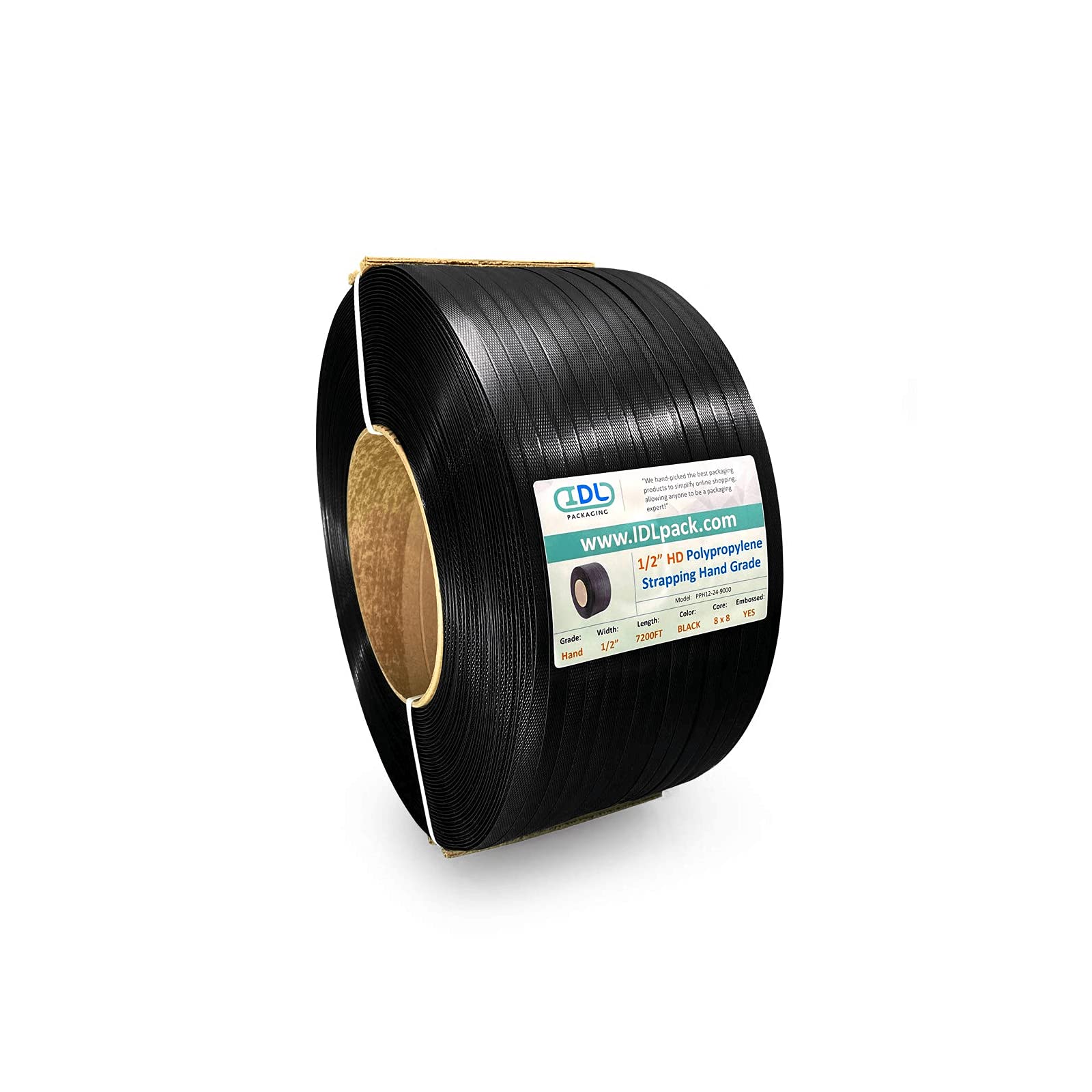 IDL Packaging 1/2" x 7200' Hand Grade Polypropylene (PP) Strapping Roll of 8" x 8" Core Size, 600 lbs Break Strength - Lightweight and Affordable Poly Banding - Elastic and Flexible Packing Straps