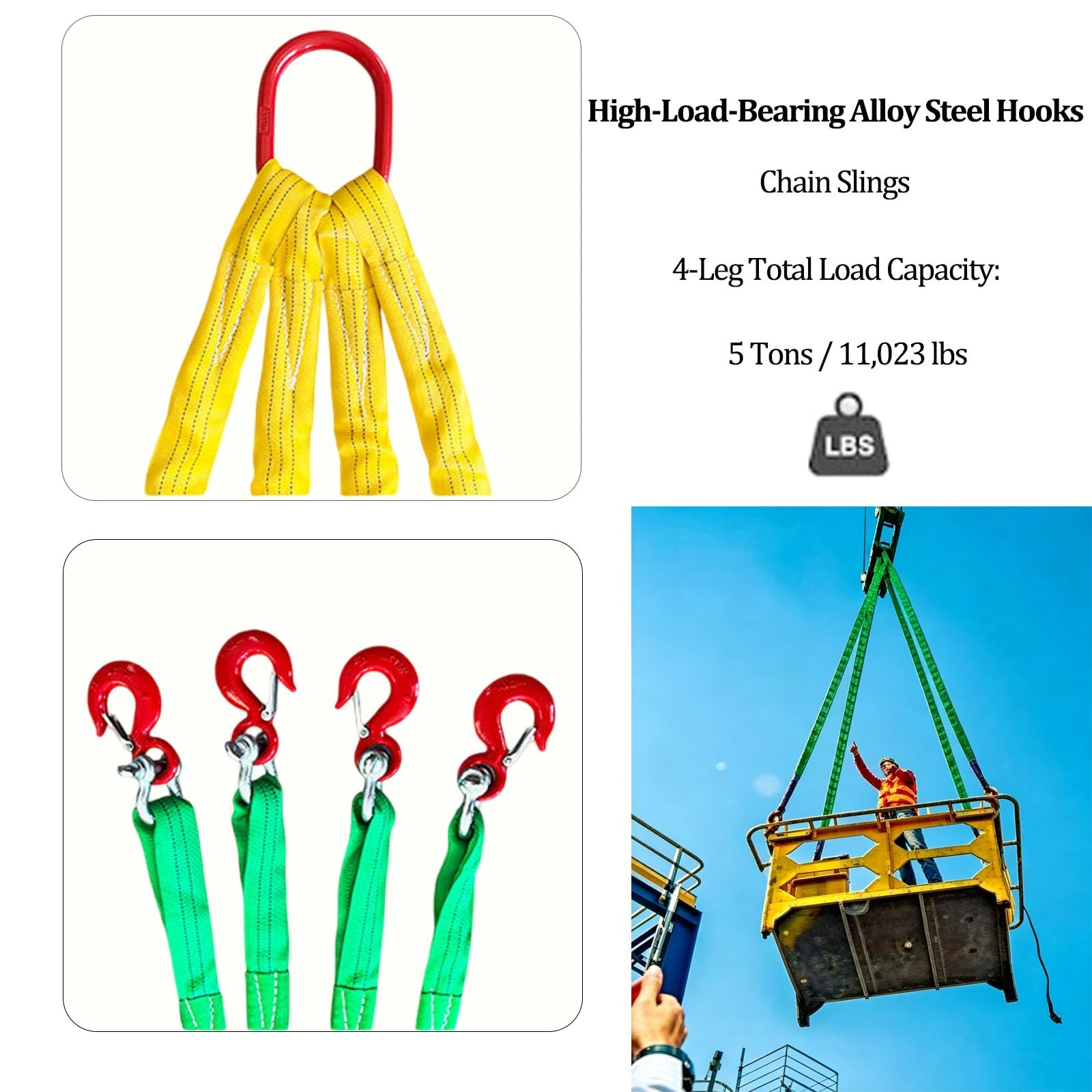 Hebebänder mit Haken, 4-strängiges Gurtgehänge, Hochleistungs-Polyester-Anschlagband (11.023 lbs), Flexibles Stahlseil-Gehänge für Motoren und Krane(5 tons,1m)