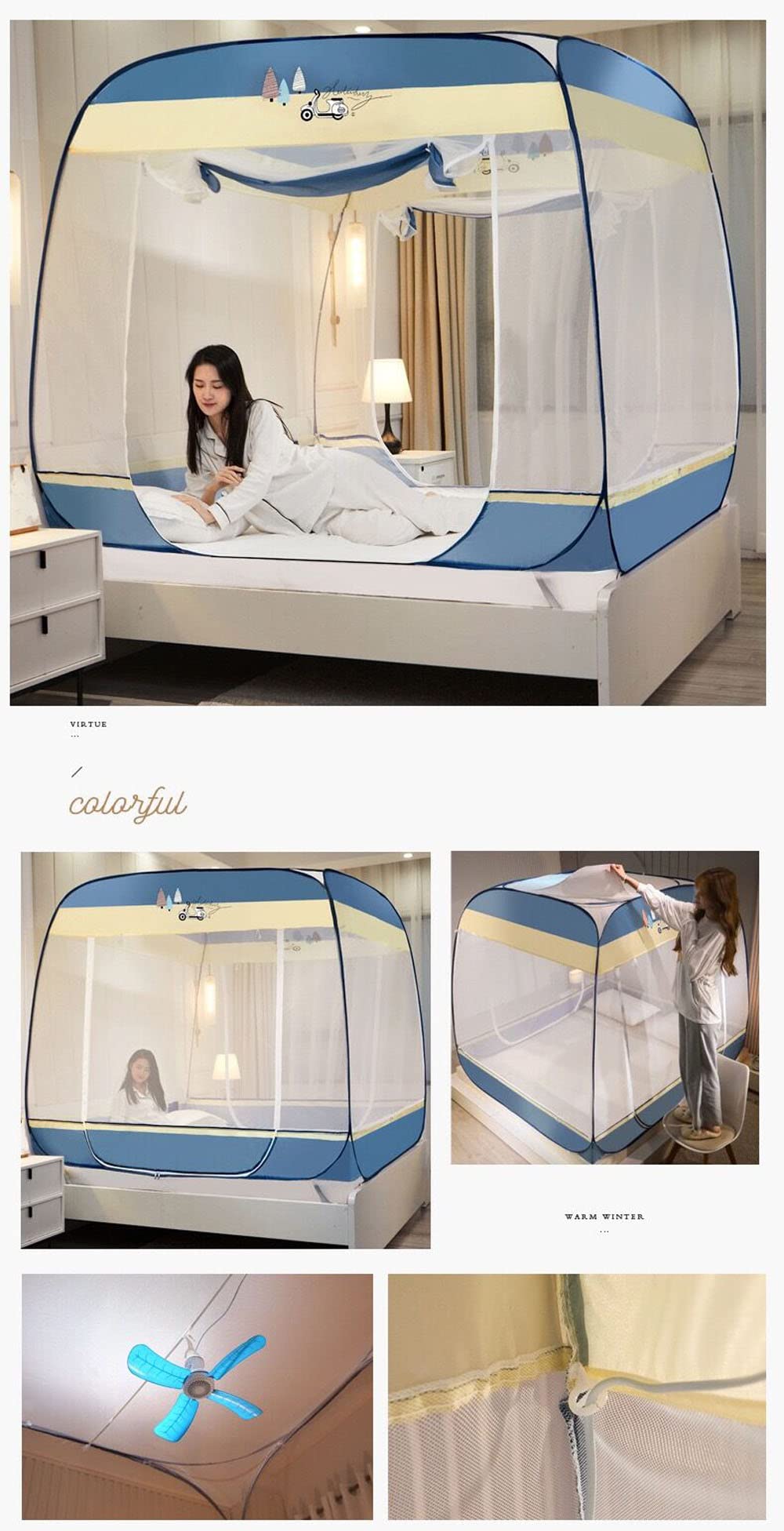 MRKU Mosquitera Plegable para yurta, mosquitera para Cama con Dosel, mosquitera portátil para Viajes, Cortina Plegable de Doble Puerta para Acampar.