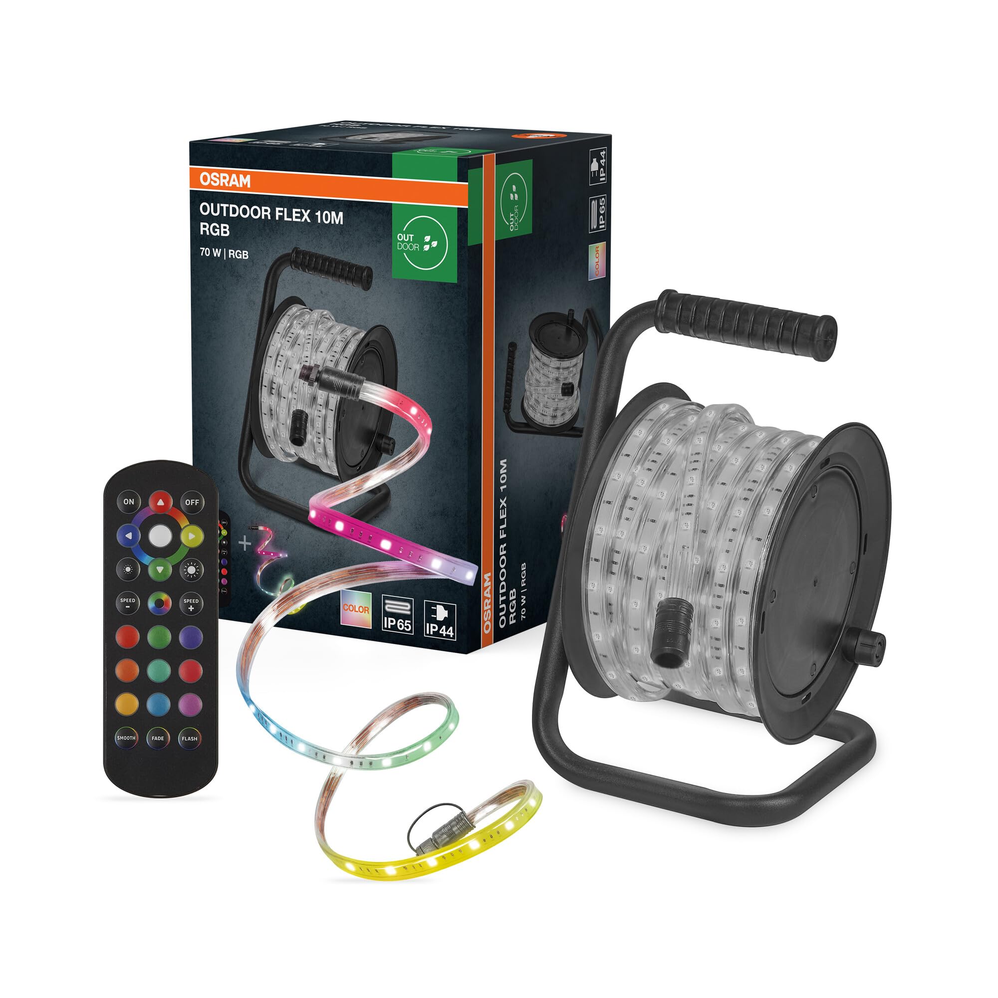 Osram Outdoor Flex RGB LED Streifen 10M IP65, inkl. Fernbedienung, bis 50 m erweiterbar, mit Kabeltrommel, Anschlusskabel, Zubehör