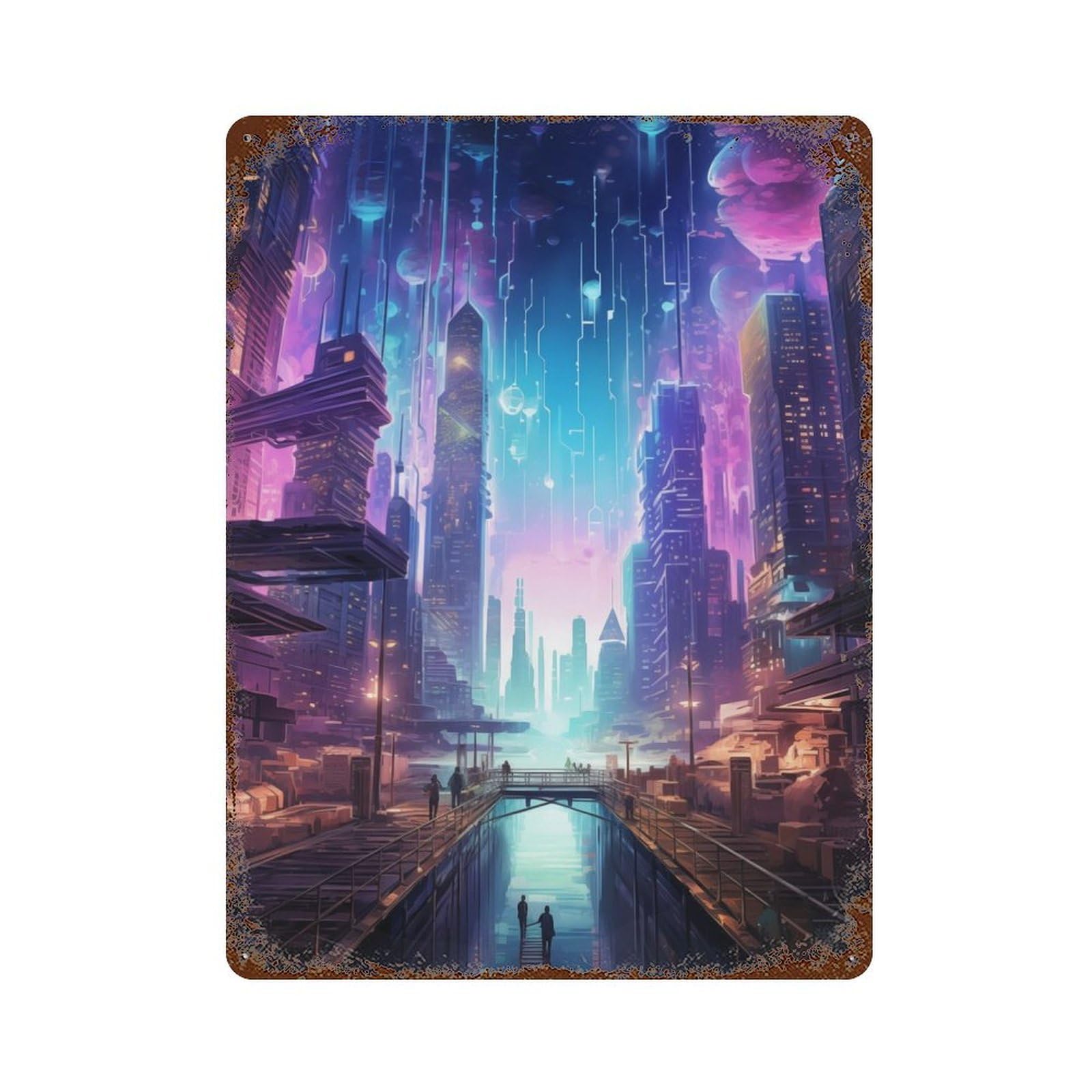 Vintage Rust Metal Sign Futuristic City Skyscraper 15.7"x11.8", Decorative Metal Wall Art for Basement, Hobby Room And Garage Decor