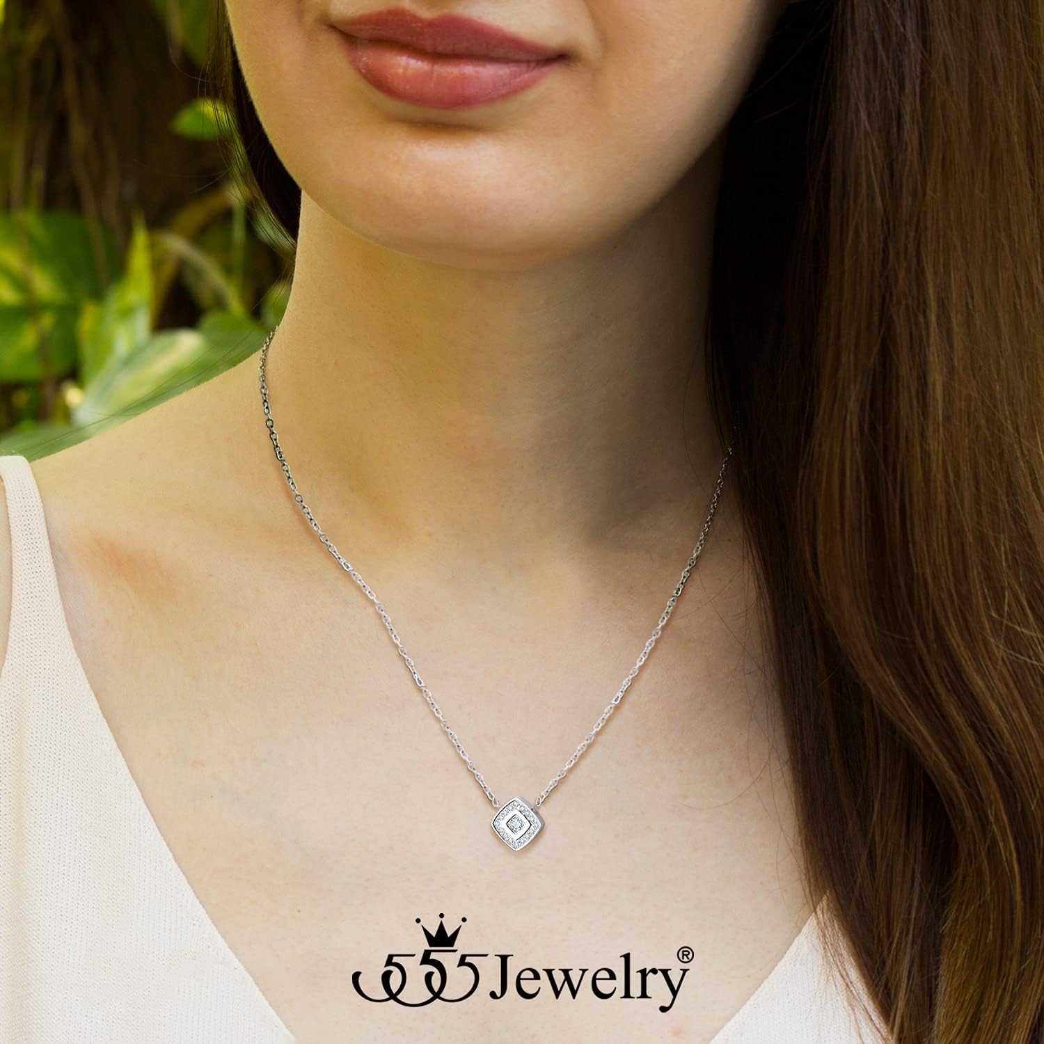 555Jewelry Stainless Steel Elegant Rounded Rhombus Button CZ Necklace for Women - Image 2