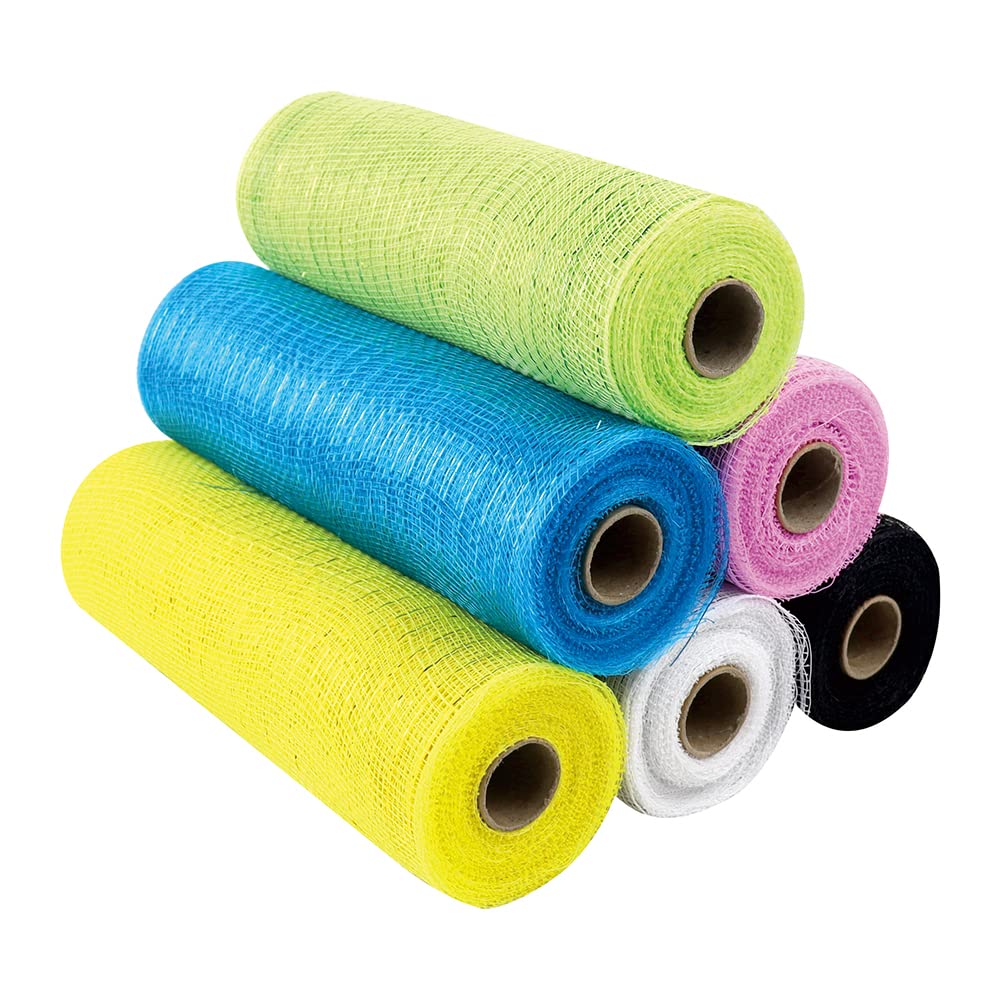 6PCS Mesh Deco Ribbons 10 Inch Deco Mesh Ribbons, Mesh Fabric, Burlap Fabric Metallic Foil Pink Blue Yellow Green Black White Set for Christmas, Halloween