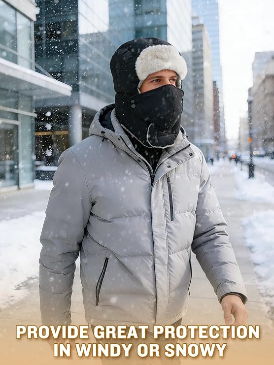 Winter Trapper Hat for Men - Windproof & Waterproof Hat with Removable Mask Goggles Ear Flaps