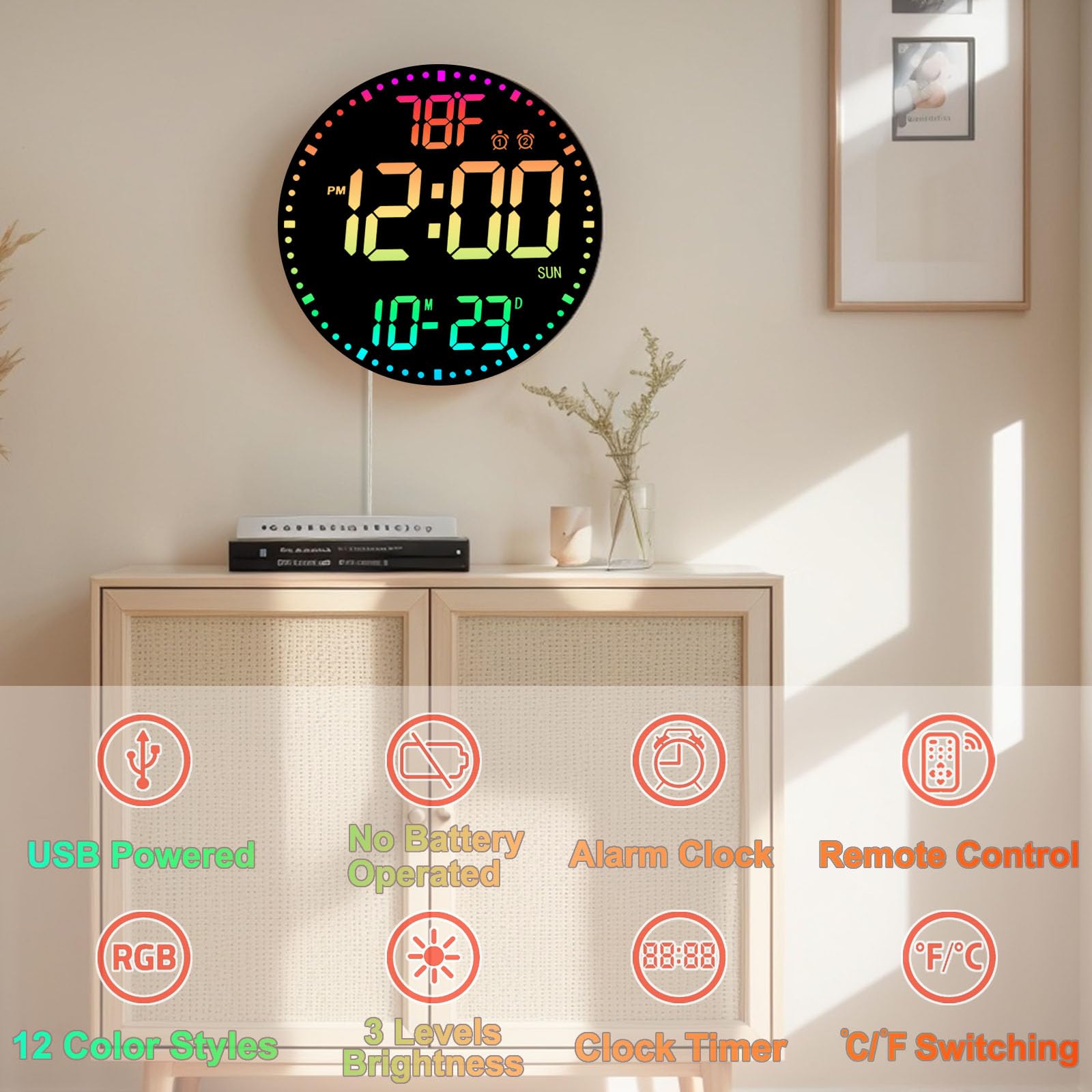 QINFIEY Grande horloge murale numérique RVB à changement de couleur avec télécommande | Affichage LED avec 3 niveaux de luminosité et affichage de la température | Parfaite pour la maison, la salle de