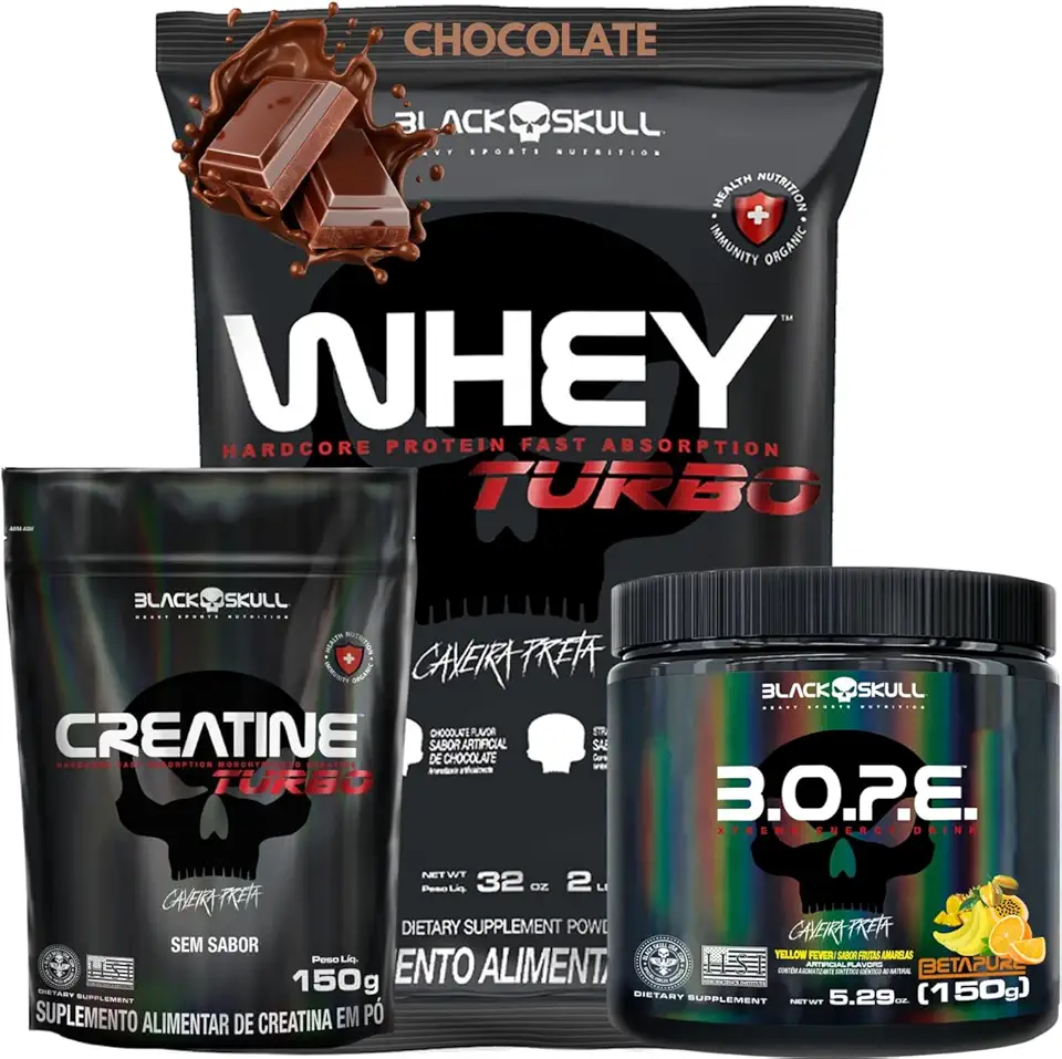 Whey Protein + Creatina Monohidratada + Pré-Treino - Kit Protein Concentrado + Creatina Monohidratada Turbo 150g + Pré-Treino B.O.P.E 150g - Black Skull (Whey Turbo Chocolate - B.O.P.E Frutas Amarelas)