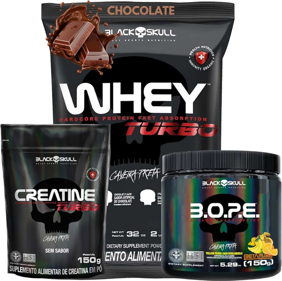 Whey Protein + Creatina Monohidratada + Pré-Treino - Kit Protein Concentrado + Creatina Monohidratada Turbo 150g + Pré-Treino B.O.P.E 150g - Black Skull (Whey Turbo Chocolate - B.O.P.E Frutas Amarelas)