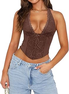 Women Sexy Lace Halter Neck Tank Top Sleeveless Backless Y2k Trendy Going Out Corset Crop Tops