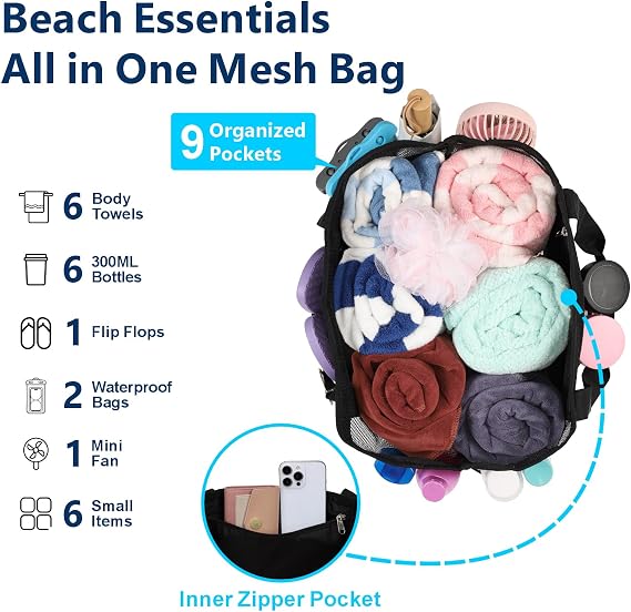 F-color Mesh Beach Bag Family - Large Travel Tote Bag for Beach Pool Cruise