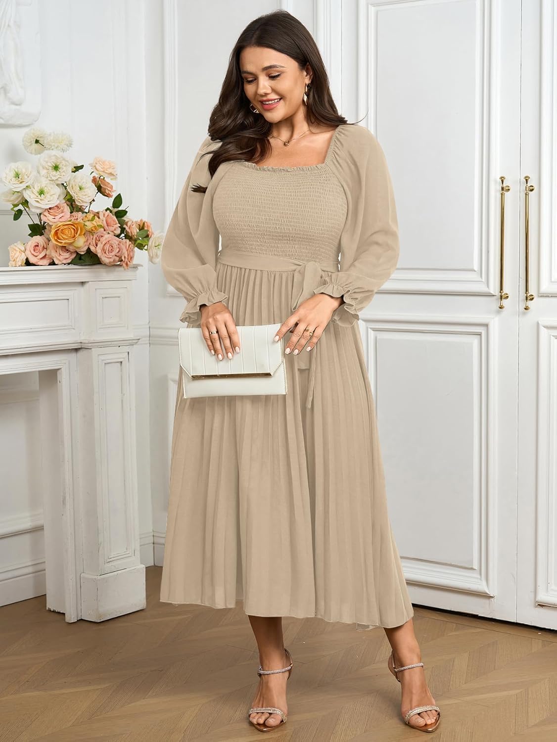 Women's Plus Size Dress Long Sleeve Smocked Square Neck Ruffle Pleated Flowy Wedding Guest Maxi Fall Dress - Image 7
