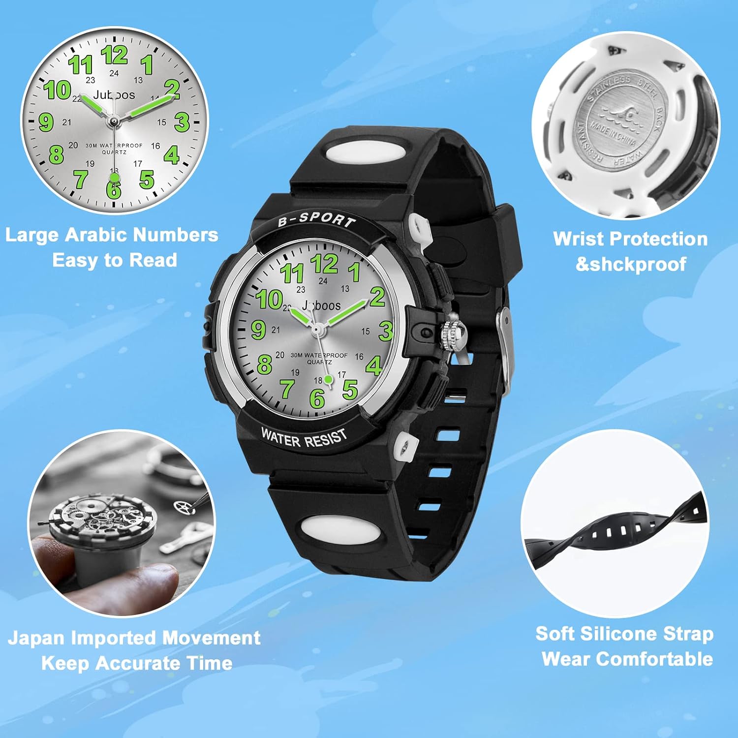 CKV Kids Analog Watch Children Waterproof Sport Outdoor Wrist Watches for Boys Ages 9-12, Time Teacher Watch Easy to Read, Rubber Band Analog Quartz Kid Watch for Christmas Birthday Gift (Silver-1) : Clothing, Shoes & Jewelry