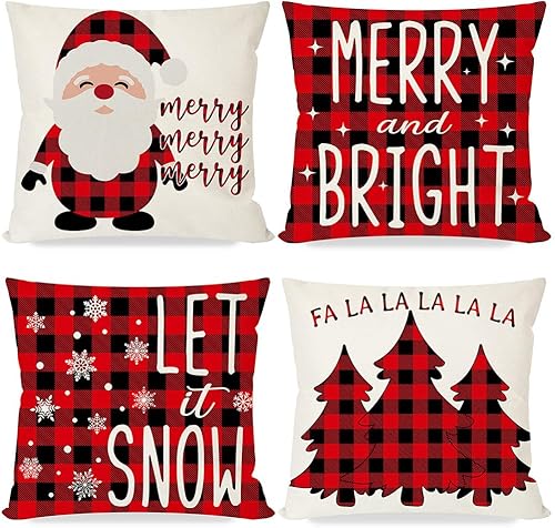 Juego de 4 fundas de almohada de Navidad a cuadros rojos y negros de 18 x 18 pulgadas, decoración de árbol de Navidad, almohadas decorativas de