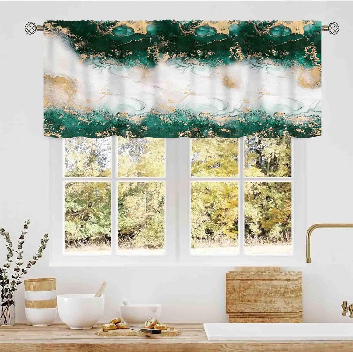 Green Marble Kitchen Curtain, Abstract Emerald Green Golden Glitter Foil Printed Aesthetic Modern Luxury Small Short Window Curtains for Cafe Living Room Bedroom Cabinet Bathroom, 54"x18" Inch