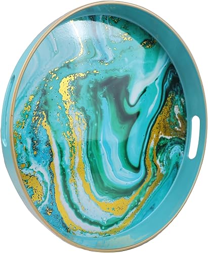 Bandeja decorativa redonda de mármol con asas, bandeja de plástico versátil de 13 pulgadas para baño, cocina, otomana y mesa auxiliar