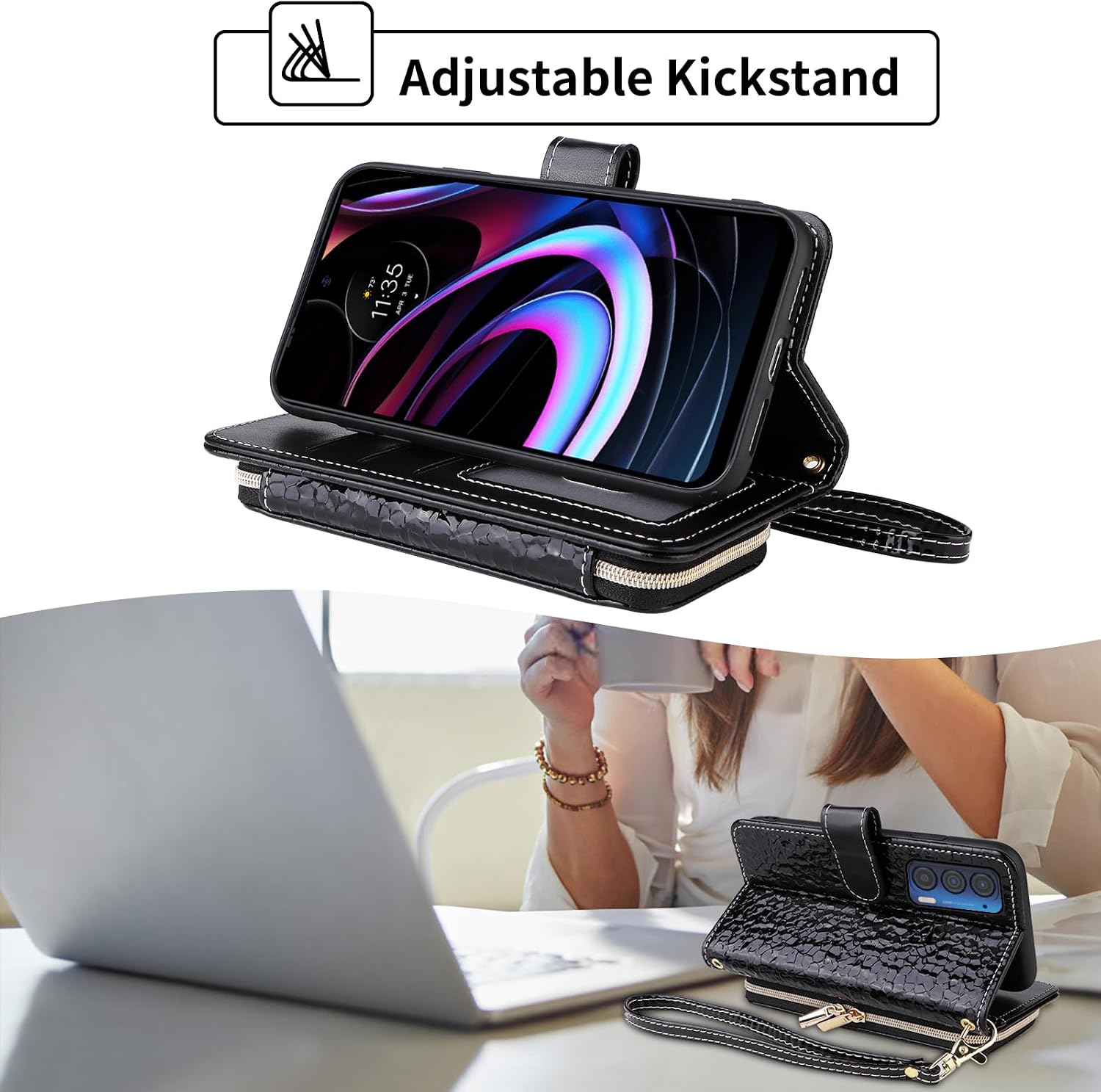 Argyle Wallet Case for Motorola Moto Edge 2021/MotoEdge 5G UW 2021 with Crossbody/Wrist Strap Luxury PU Leather KickStand Zipper Purse Shockproof Card Holder Cell Phone Cover for XT2141-1 Black