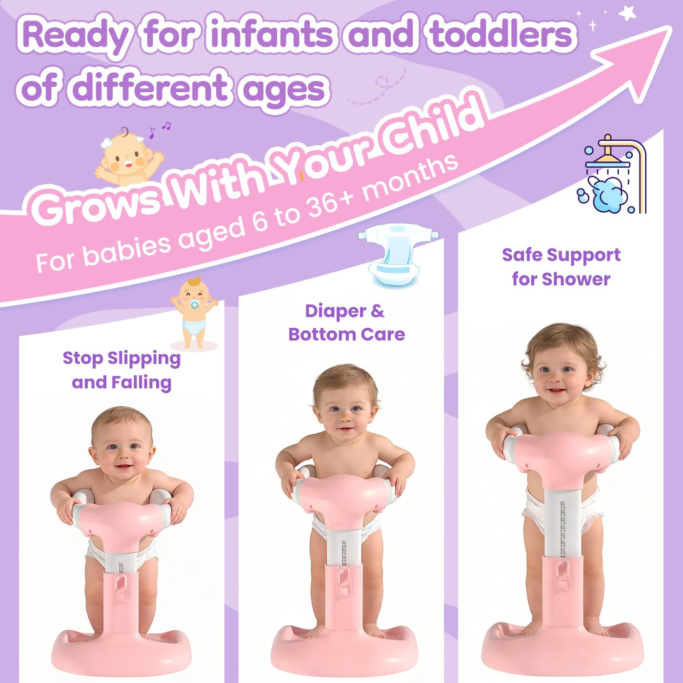Upgraded Baby Shower Stand with Anti-Pinch Silicone & Anti-Slip Base, Adjustable Height Soporte para Bañera de Bebé, Baby Bath Standing Support Assist Holder for 6-36 Months Toddler, Ideal Gift, Pink