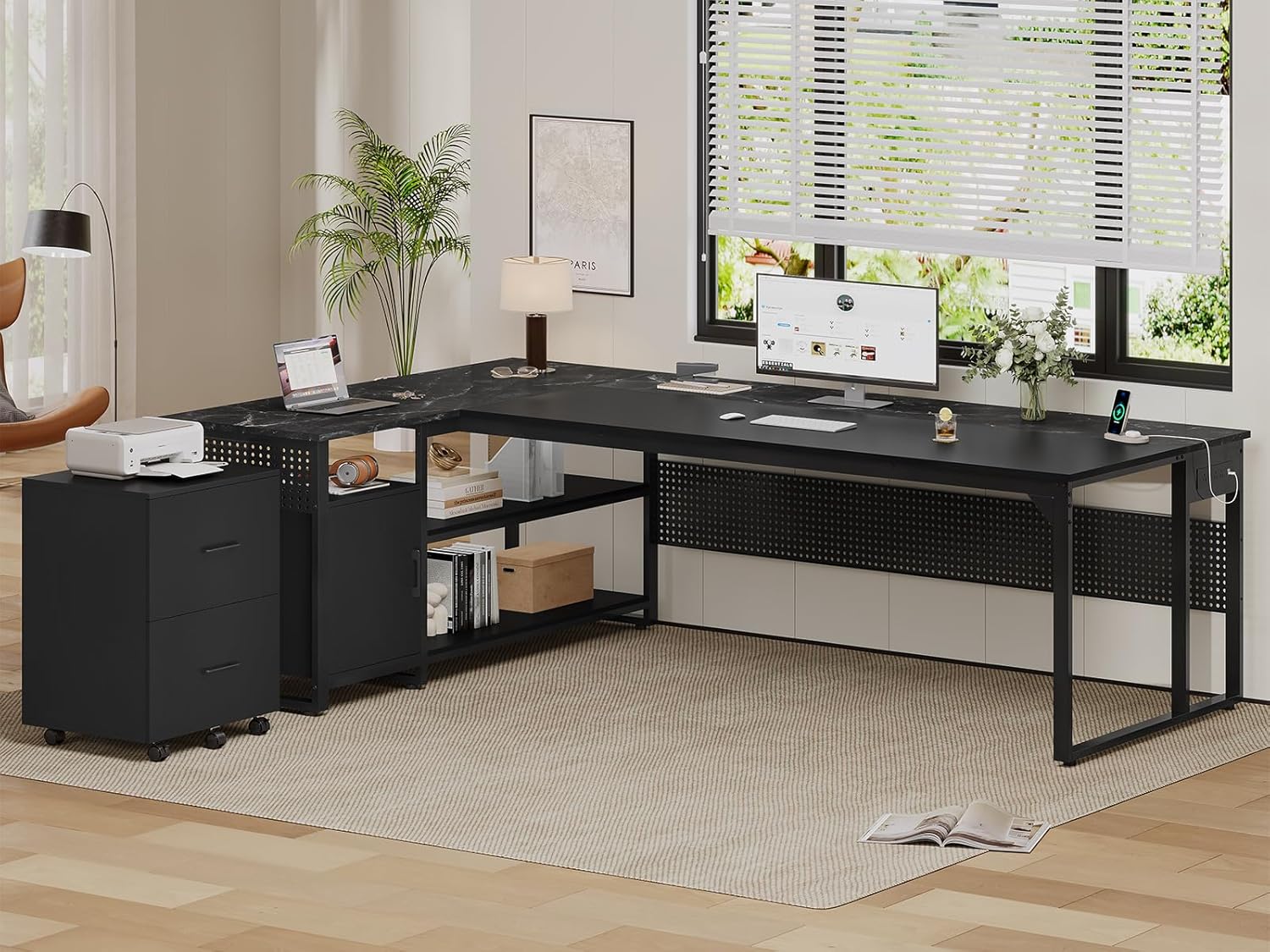 71" Executive Desk, Reversible L Shaped Desk with Mobile File Cabinet & Power Outlets, Large Office Desk with Drawers, Storage Shelves, Hooks, Corner Computer Desk for Home Office (Black)