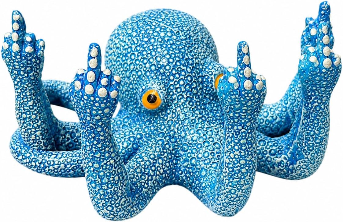Glow in the Dark Middle Finger Octopus Figurine, Funny Rude Ocean Animal Desk Statue with Textured Finish for Home Office Shelf Decor, Blue (Blue)