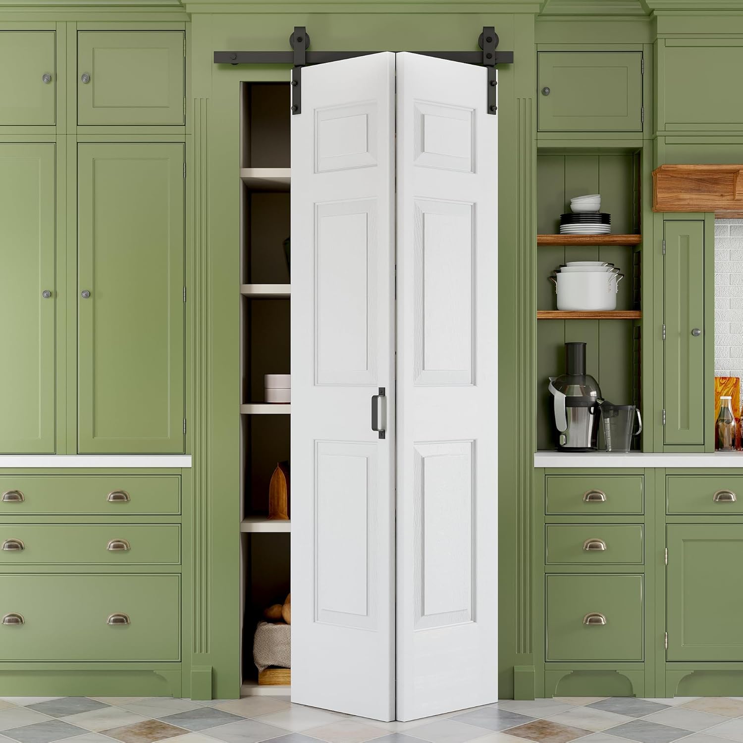 36" x 84" Paintable Bifold Barn Door, No Assembly Required, 6 Panels Bi Fold Barn Door with Hardware Kit Included, 40" Track Kit for 2 Doors, Pre-Drilled Holes