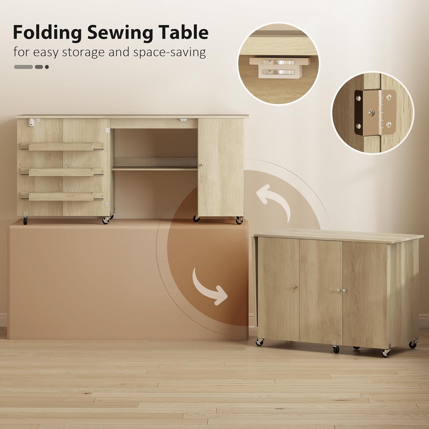 Close-up of the HOMCOM Folding Sewing Table's storage bins and shelves