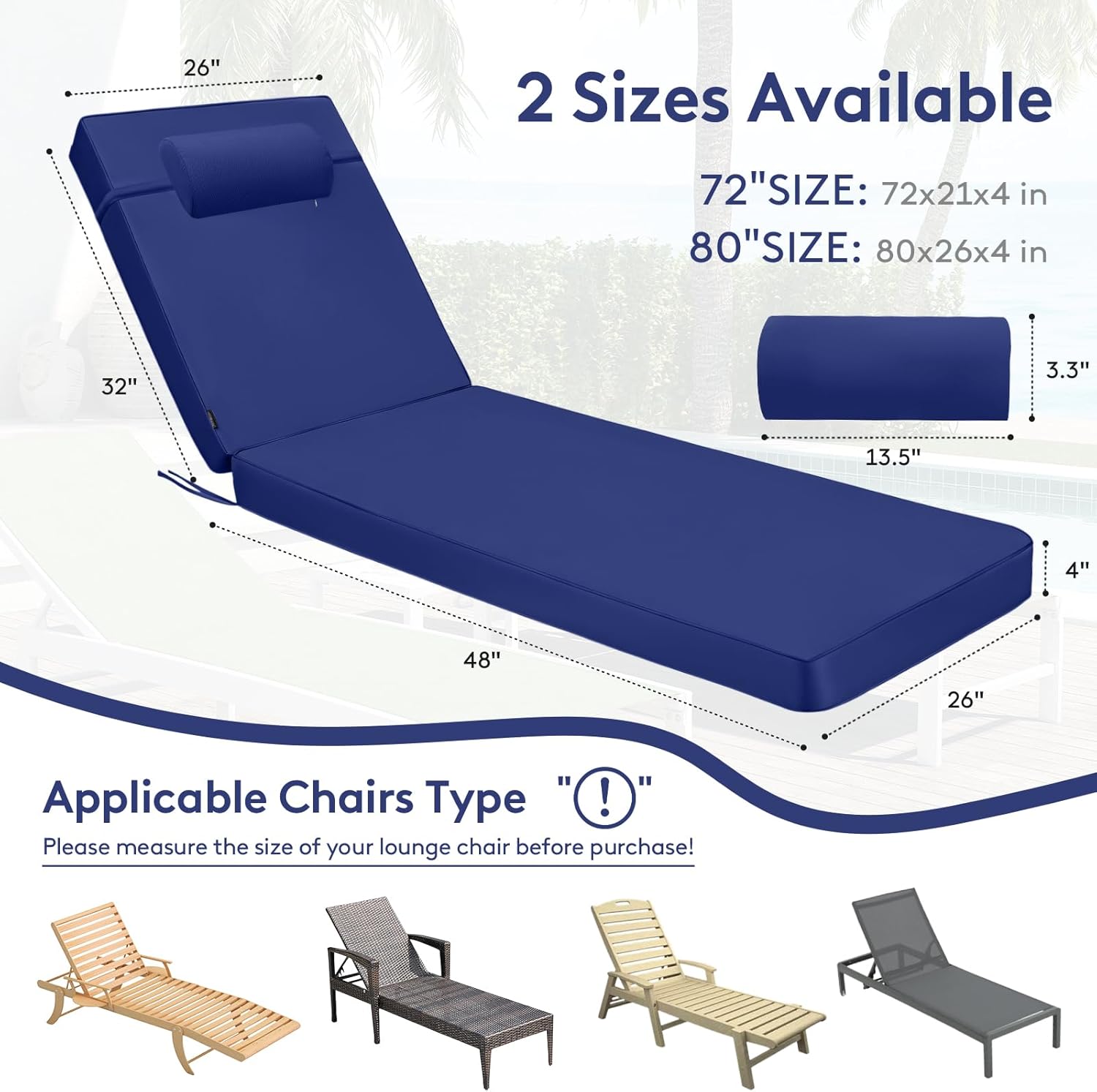 Chaise Lounge Cushion for Outdoor Furniture, Waterproof, Fade-Resistant and Tear Resistant, Patio Lounger Pads with Removable Cover for Pool, Deck, Lawn, 80x26x4 inch, Royal Blue