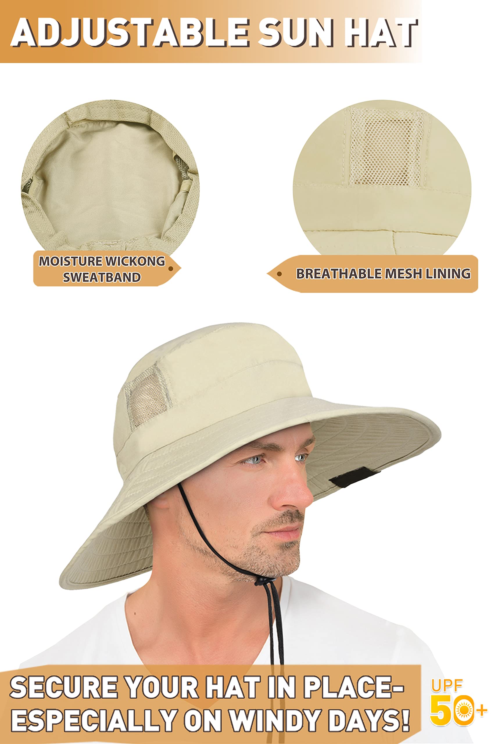 Cappello da sole da uomo e da donna con sottogola, pieghevole, larghezza tesa larga, con protezione per il collo, protezione UV UPF 50+, per hiking safari, spiaggia, da pesca, da giardino, protezione