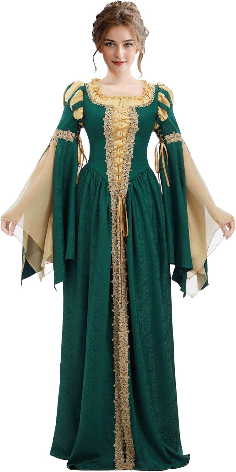 Medieval Renaissance Costume Pseudo-two-piece Vintage Renaissance Fair Dress with Wide Sleeves Lace Decor