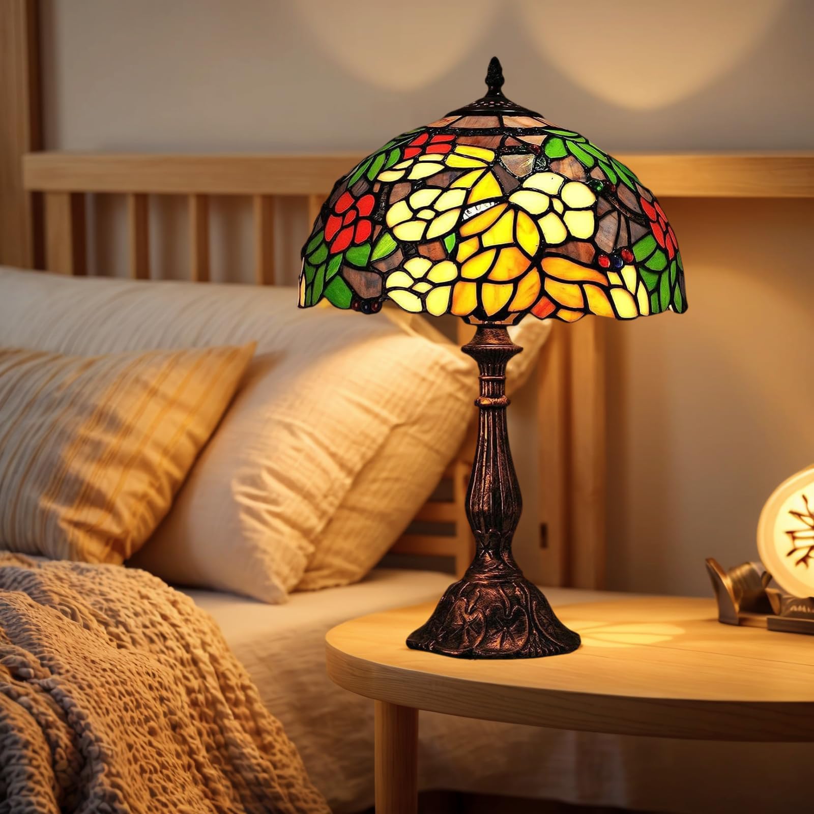 12" Lampade Da Tavolo Stile Lampada Da Scrivania Barocco, Vetro Colorato Fatto A Mano E Corpo, Lampada Da Comodino Europea Stile Vintage, Soggiorno Con Accento Pastorale (Color:12" Fiori)