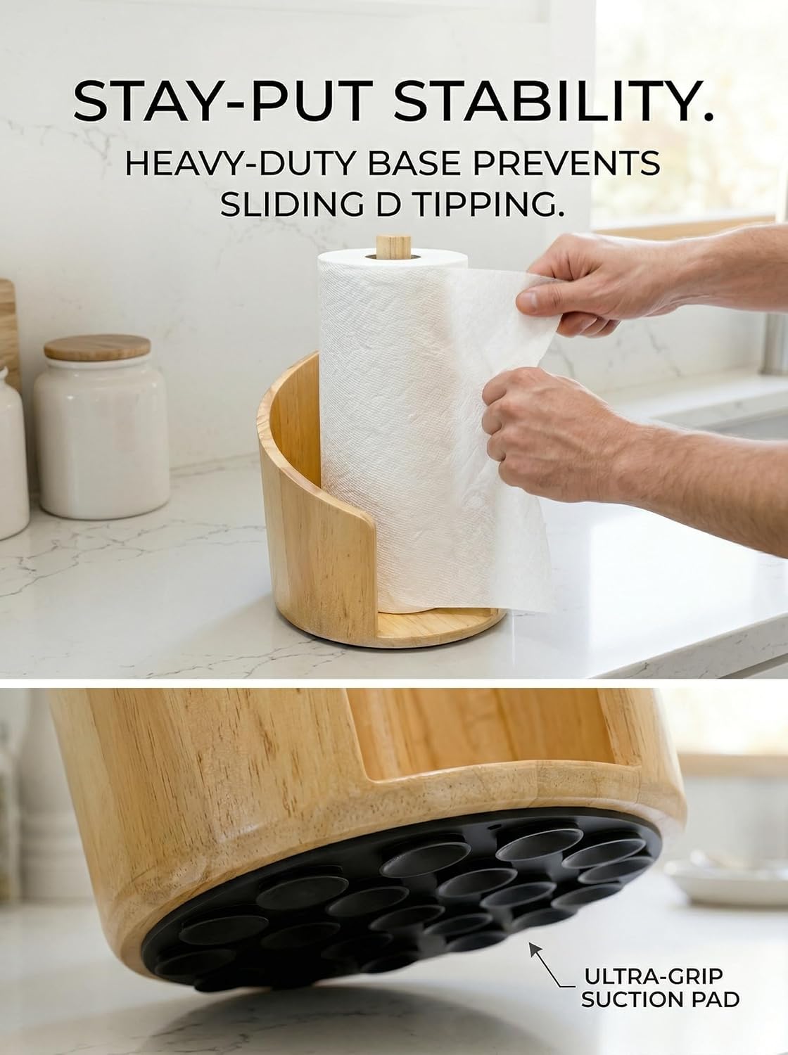 Mountain Paper Towel Holder,Natural Wooden with Wood Round Base and Holders,+ 2 Suction Cups One-Hand Tear Design,Fits Kitchen Dining Bathroom Most Household Paper Towel Rolls (Natural Wood)