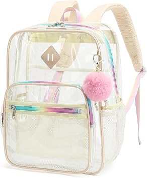 Beige Clear Backpack for School, Heavy Duty PVC Transparent Bookbag See Through Backpack for Girls Women College Work Travel
