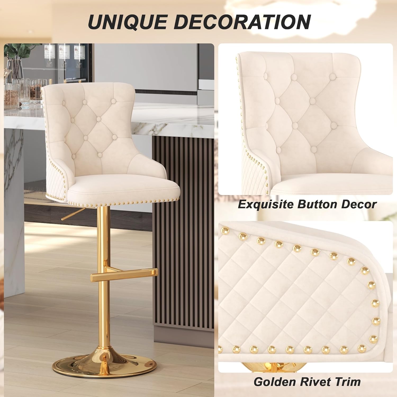 ABET Bar Stools Set of 4, Counter Height Stools with T Footrest, Velvet Adjustable Swivel Kitchen Island Chair with Upholstered Tufted Back, Lion Head Ring Nailhead Trim, Chrome Base, Beige