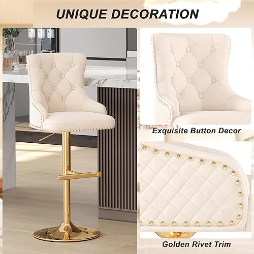 Miniatura 13 de ABET Juego de 2 taburetes de bar, taburetes de altura de mostrador con reposapiés, silla giratoria ajustable de terciopelo para isla de cocina con