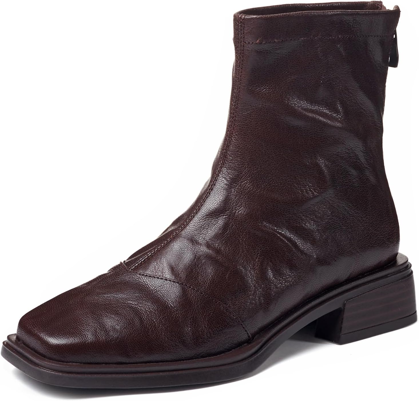 Women's Leather Square Toe Low Block Heel Ankle Boots with Back Zipper Retro Pleated Non-slip Dress Short Booties for Daily Work Dating