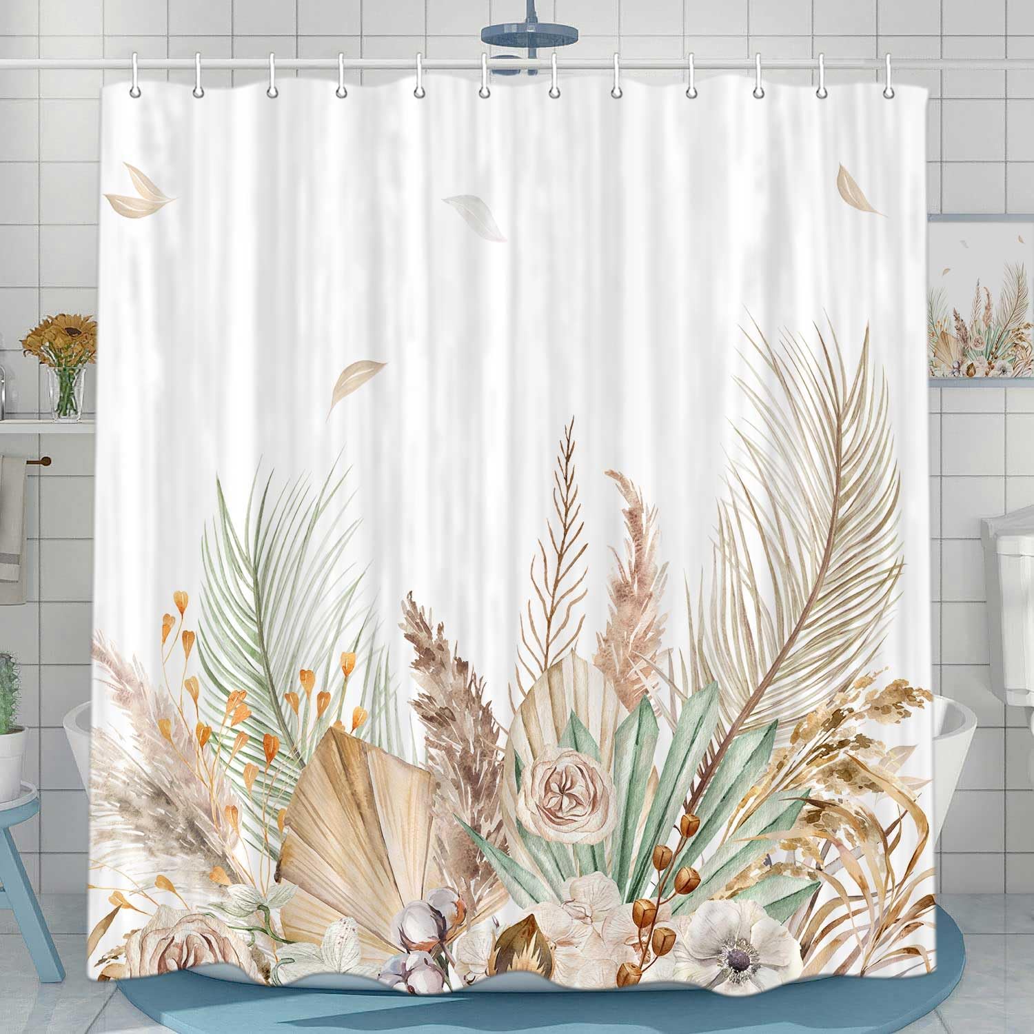 JAWO Boho Green Leaves Shower Curtain, Bright Tan Palm Leaf Floral with White Background Shower Curtains for Bathroom, Beige Plant Shower Curtain Restroom Bathtub Decor Accessories with Hooks(72X75)