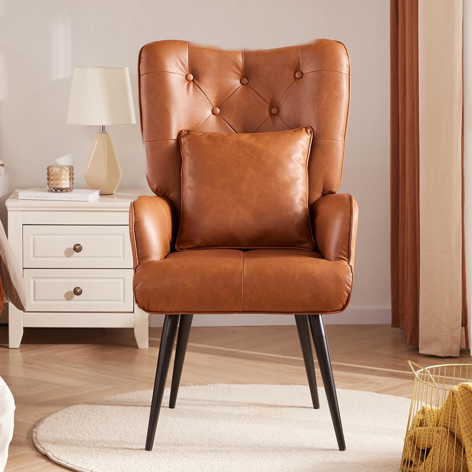KingfunPU Leather Accent Chairs Living Room Chairs, Wingback Chair Arm Chair with A Pillow, Upholstered Vintage Chair for Living Room/Bedroom/Office