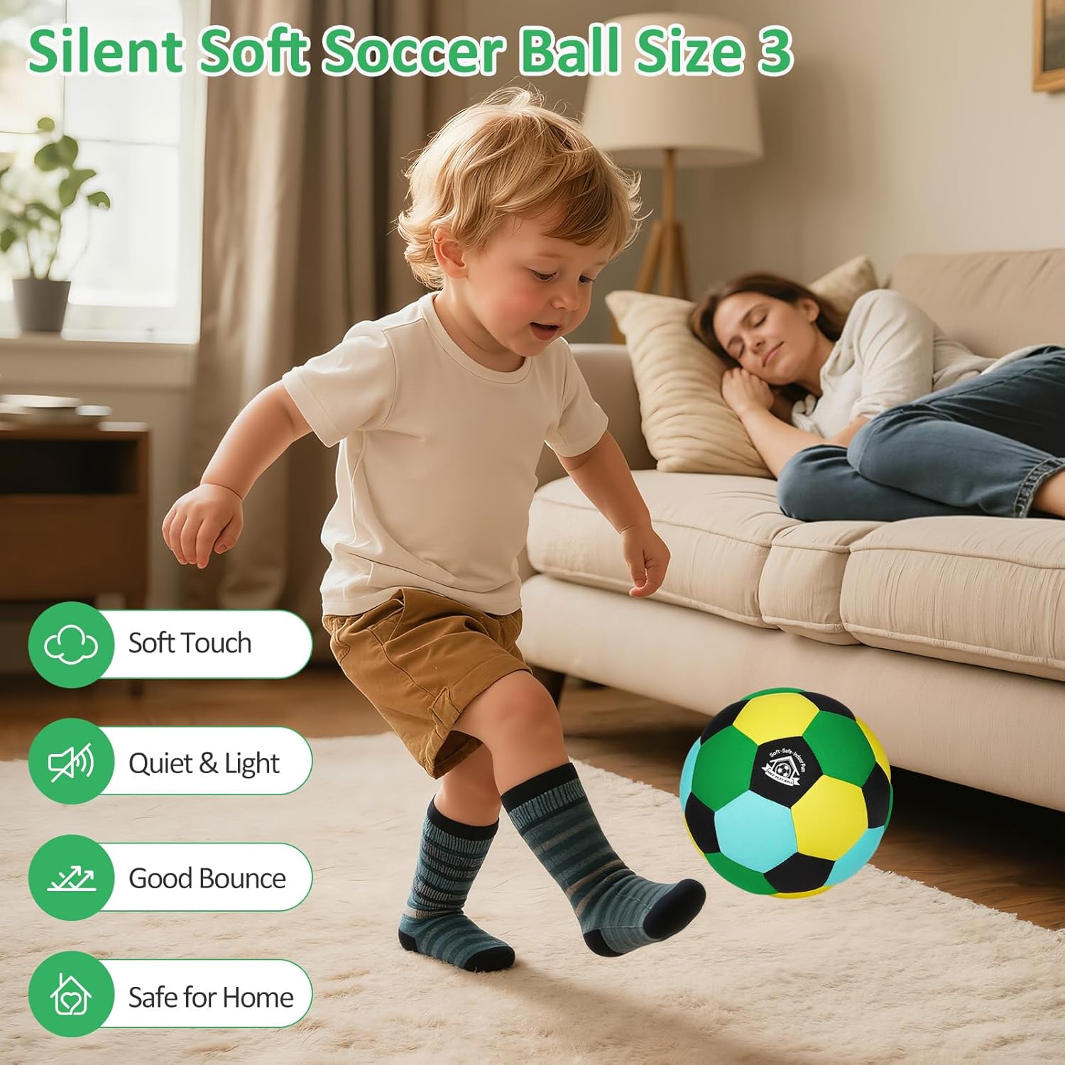 Indoor Soccer Ball Size 3 Silent Soccer Balls Gifts for Beginners, Soft Foam House Training Balls, Lightweight Soccerball with Pump for Home Practice