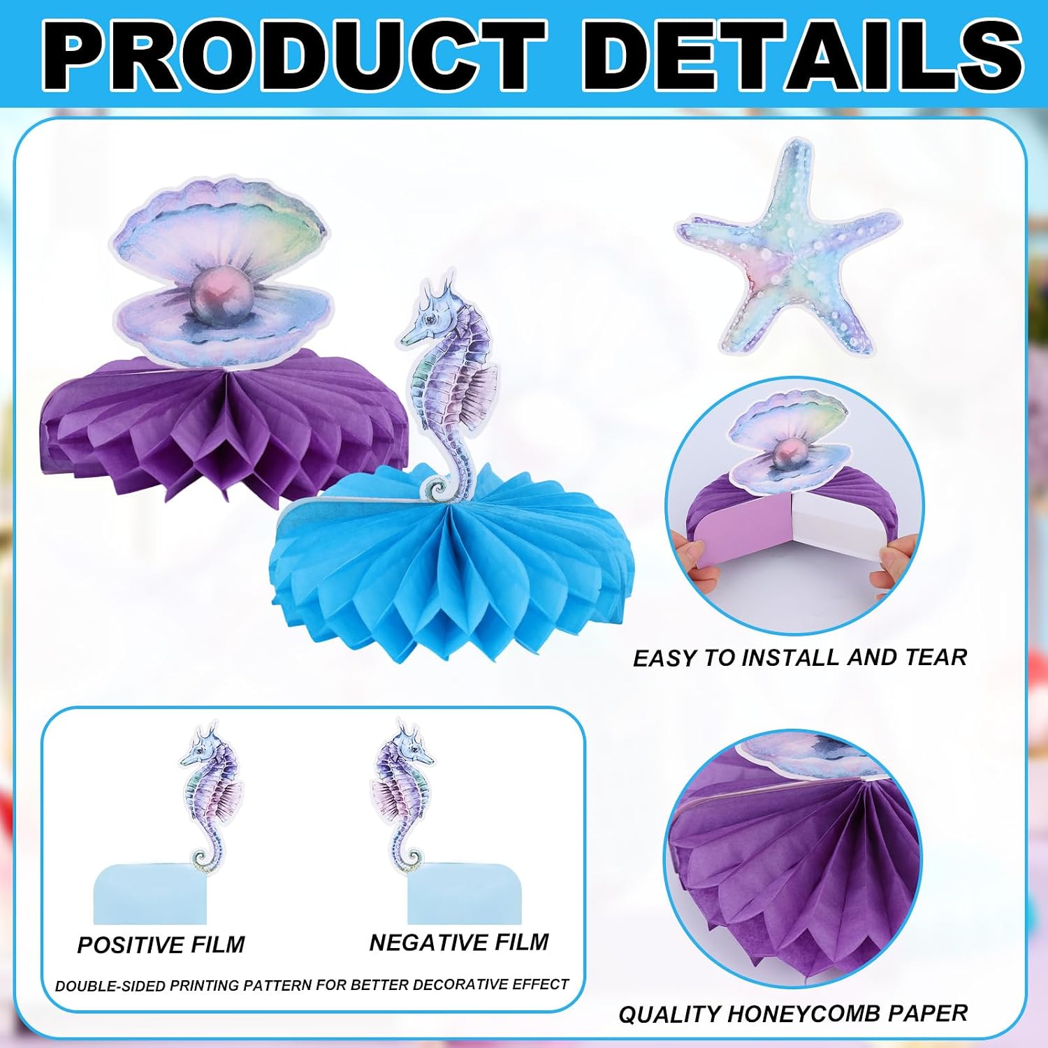 10pcs Mermaid Party Decorations, 3D Birthday Honeycomb Centerpieces for Ocean Under The Sea Party Little Baby Shower Supplies Mermaid Theme Table Cake Decorations for Kids