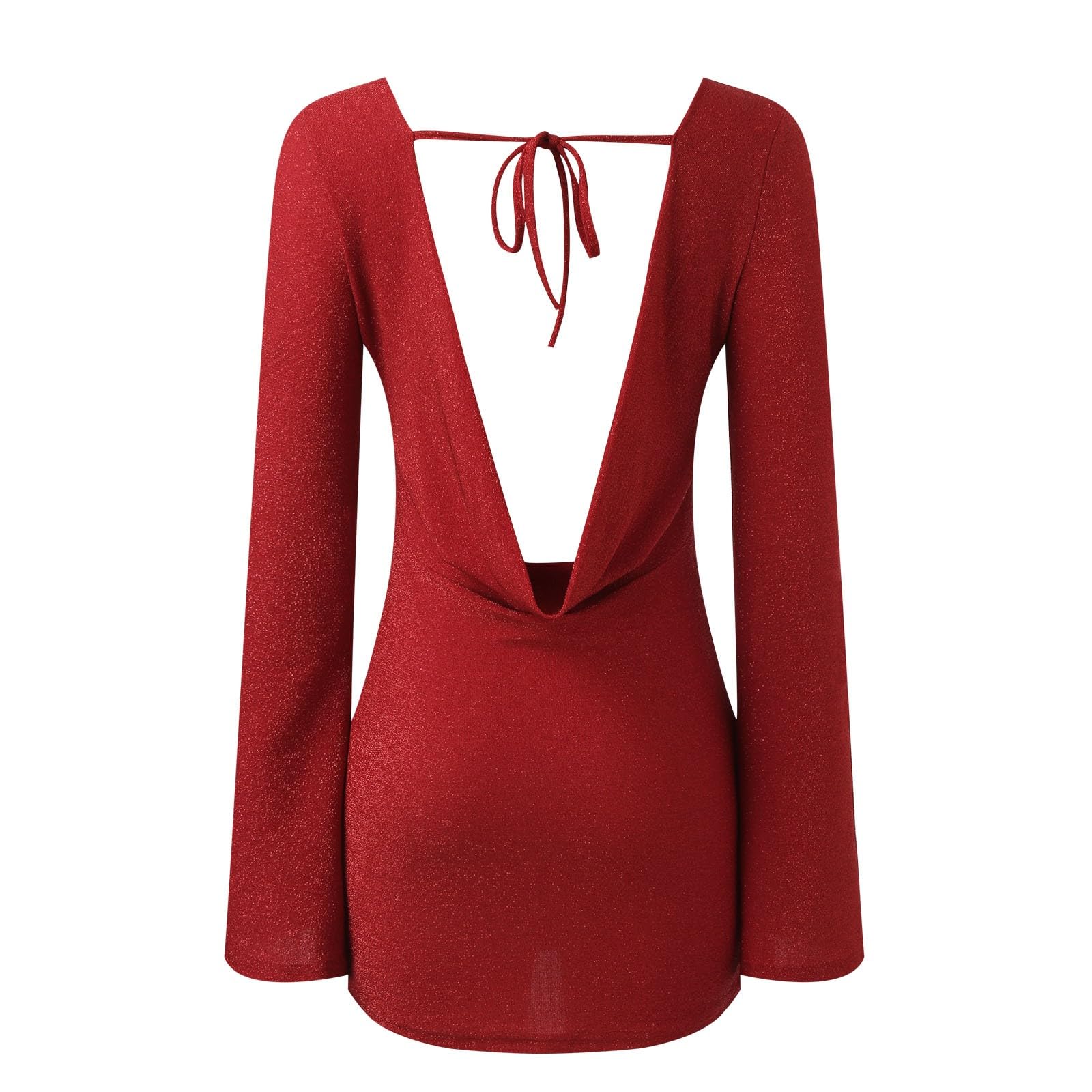 Mini abito da donna scintillante con schiena scoperta e cravatta a maniche lunghe scintillante aderente party club