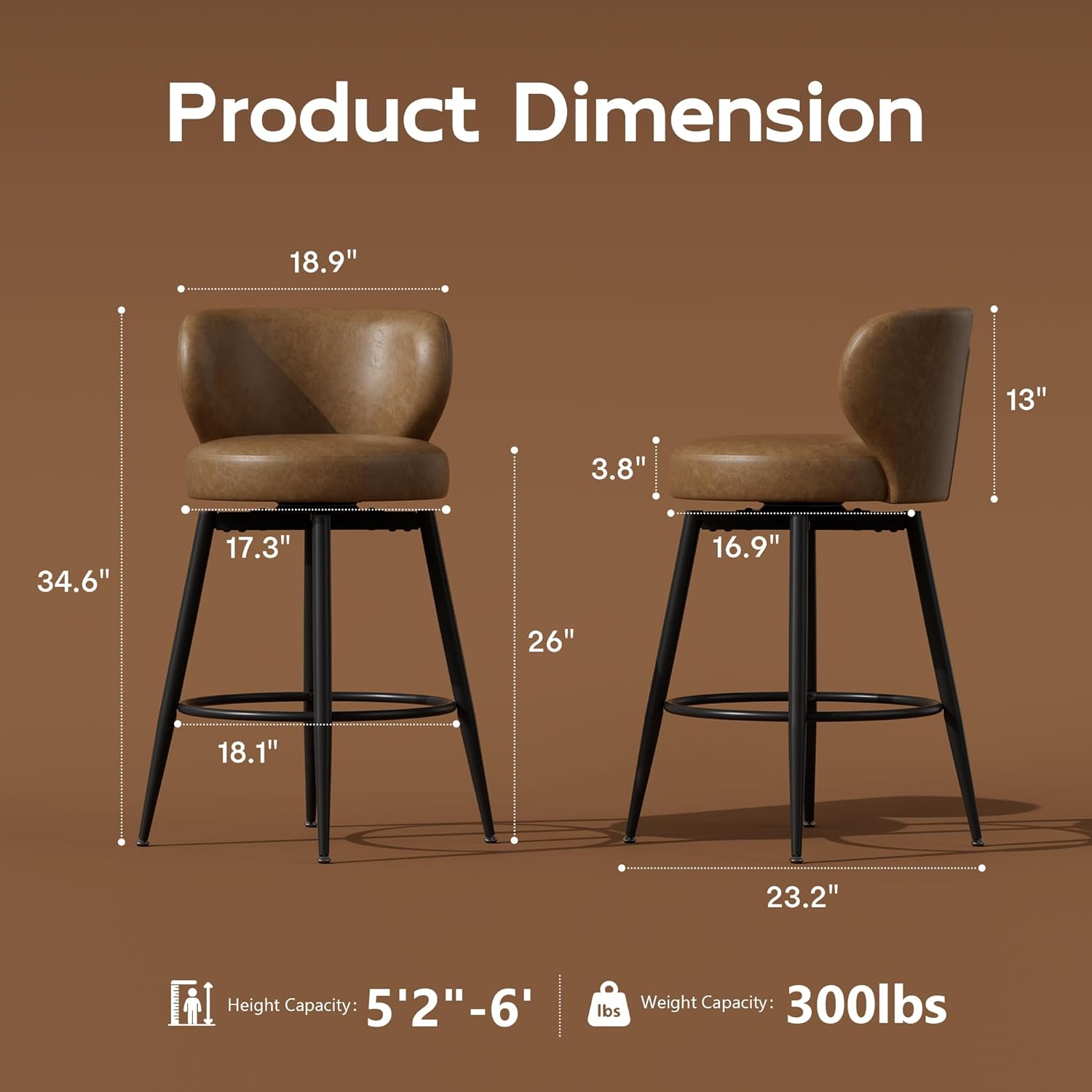 Bar Stools Set of 2, 26" Counter Height Swivel Bar Stools, Upholstered Leather Barstools with Back Footrest Metal Legs, Stools for Kitchen Island, Home Bar, Dining Room Brown