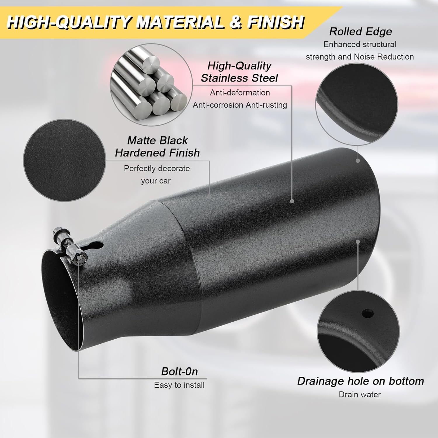 3.5 inch inlet exhaust tip, 5" outlet 12" overall length stainless steel exhaust tail pipe, bolt-on, rolled edge, slant sleek angle cut, polished tailpipe, black