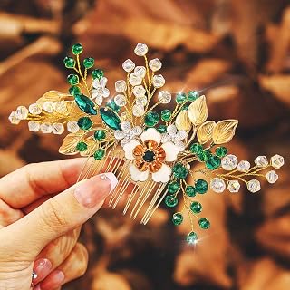 IYOU Peine para el pelo de boda de cristal brillante, flor verde, accesorios para el cabello de novia, accesorio para el pelo de novia, diseño de hojas de graduación, tocado para novias y damas de