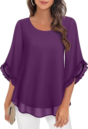 Womens 3/4 Ruffle Sleeve Blouse Tops Double Layers Flowy Shirts Elegant Chiffon Blouses