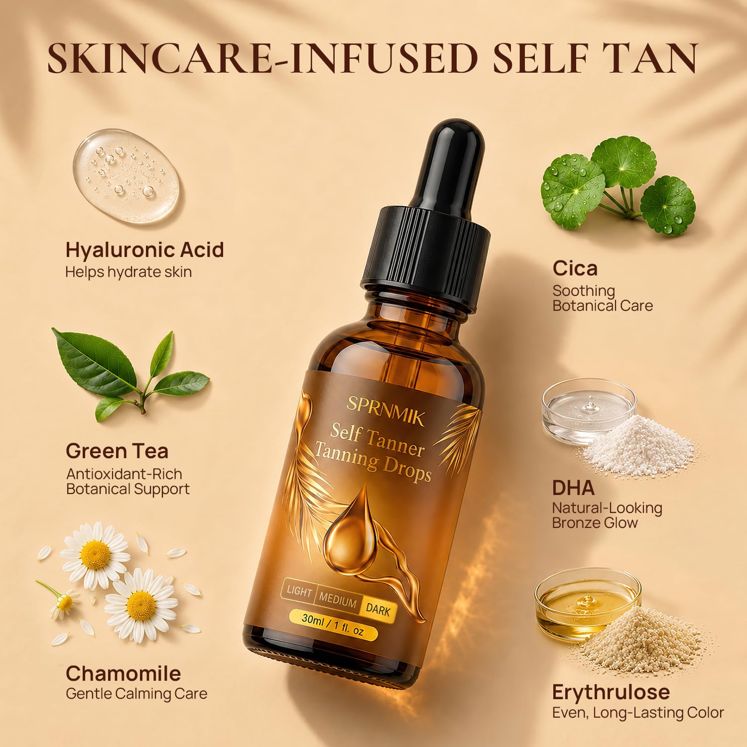 Self Tanning Drops for Face & Body, Face Self Tanner Drops with Natural-Looking Glow to Add to Moisturizer, Organic Sunless Tanner with Streak-Free & Non Orange, Skincare 1 Fl Oz (Dark)
